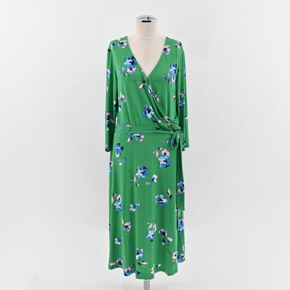 Eliza J Dresses & Skirts - ELIZA J Dress Size 14 Green Floral V‎ Neck Long Sleeve Tie Belt Faux Wrap Midi